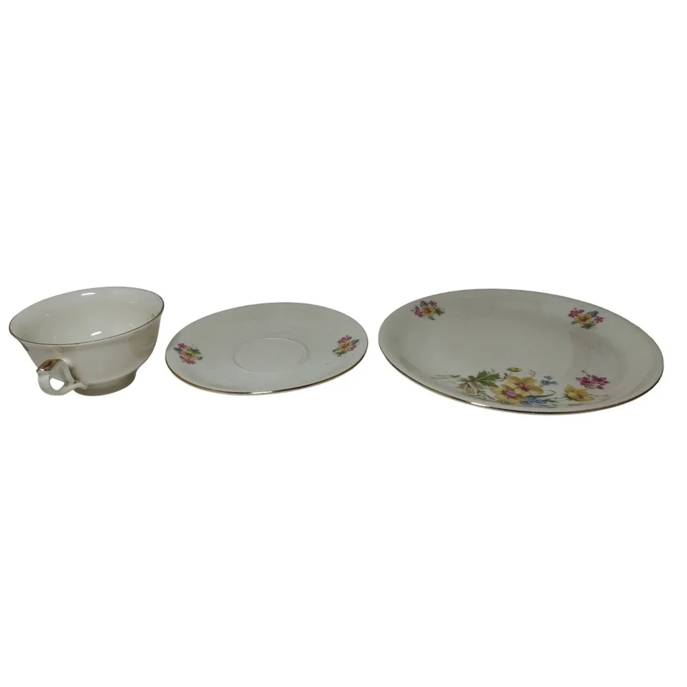 Vintage Bavaria Teacup Saucer Dessert Plate Set Floral Gold Trim Set of‎ Three